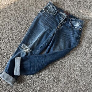 Judy Blue Mid Rise Medium Blue Button Fly Distressed Boyfriend Jeans